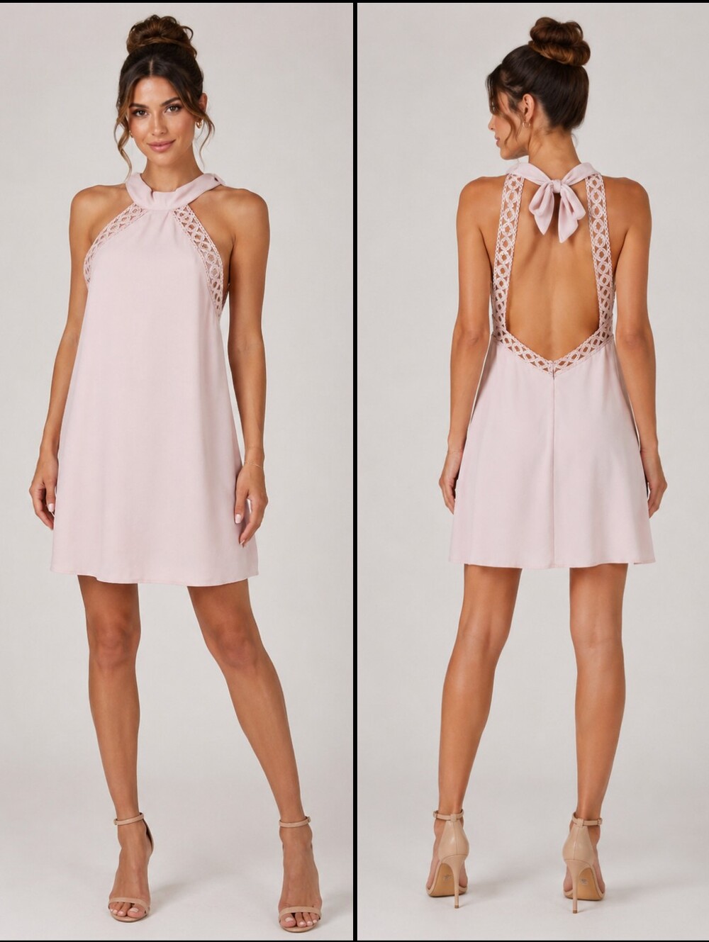 Lulu's Womens Light Blush Halter Lace-Trim Sleeveless Boho Mini Dress Size L